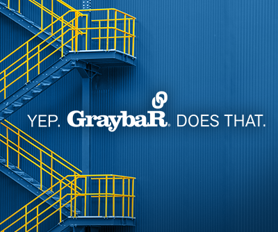 A blue and yellow Staircase that reads “Yep. Graybar does that.”
